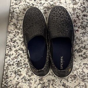 Sperry Black Leopard Print Slip-Ons